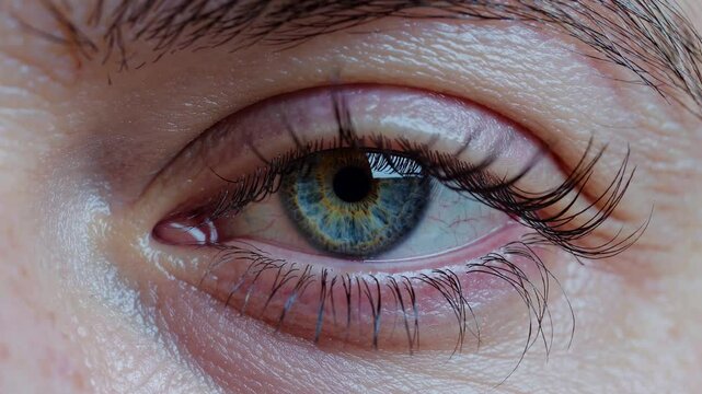 Close-up video of an eye, capturing intricate details of eyelashes and iris. The macro angle emphasizes texture and color. Video.