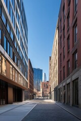 Fototapeta premium Modern buildings line a quiet street in an urban setting, showcasing a mix of historical and contemporary architecture under a clear blue sky