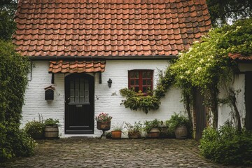 Charming cottage exterior with red tiled roof and flower-adorned entrance in a serene garden setting surrounded by lush greenery