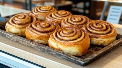 Freshly Baked Cinnamon Rolls in a Wooden Tray at a Cozy Bakery, Perfect for Dessert Lovers and Breakfast