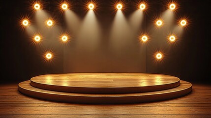 Wooden stage, spotlight, dark background, product display