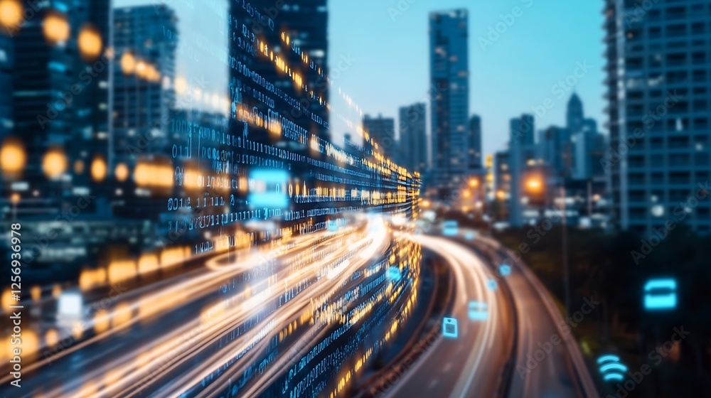 Poster dynamic city skyline with blurred lights illustrating fast moving traffic and technology : generativ
