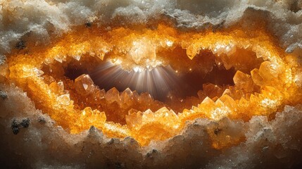 Close-up view of a stunning orange crystal geode with light reflections and textures