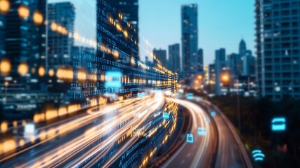 Obraz premium Dynamic city skyline with blurred lights illustrating fast moving traffic and technology : Generative AI