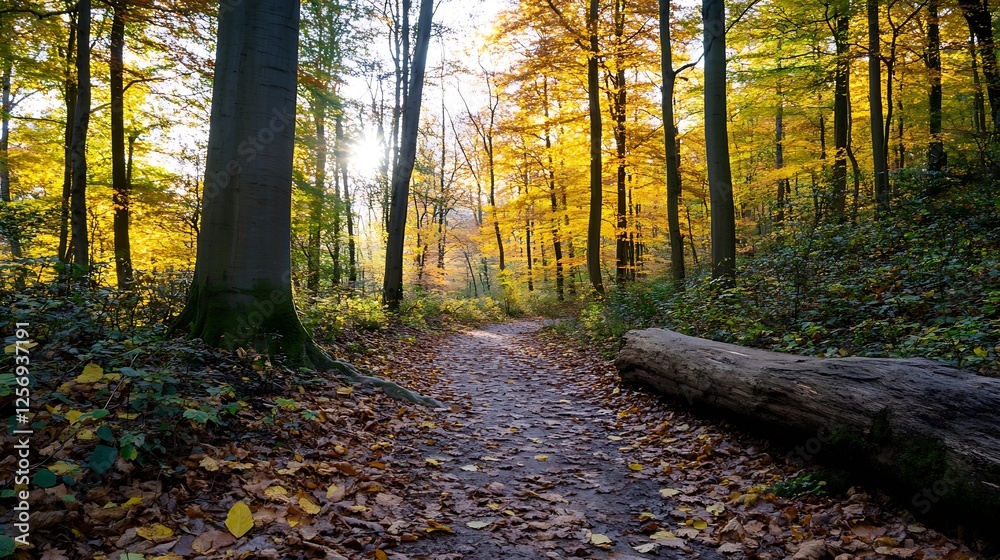 Leinwandbilder tranquil forest path covered in colorful autumn leaves creating a scenic nature walk : generative ai
