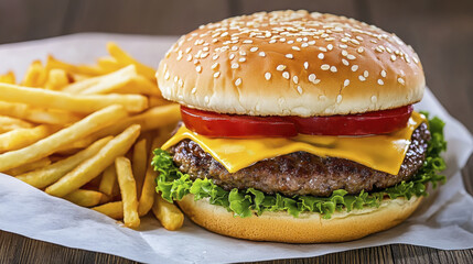 Delicious cheeseburger with lettuce, tomato, and fries on wooden table