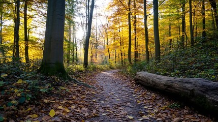 Obraz premium Tranquil forest path covered in colorful autumn leaves creating a scenic nature walk : Generative AI