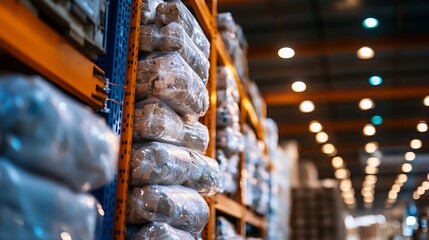 Warehouse interior with organized stacks of goods showcasing efficient storage and inventory management : Generative AI