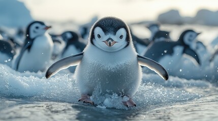Adorable penguin chick splashing in icy waters with adult penguins in the background