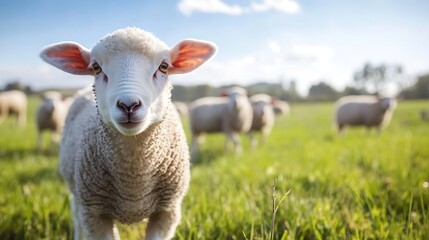 Fototapeta premium Adorable lamb gazing at the camera in a green field with sheep in the background : Generative AI