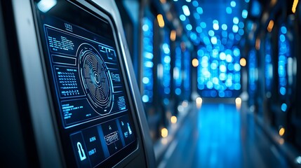 Access Detection Gadgets, Sleek Biometric Panel in Futuristic Glowing Corridor