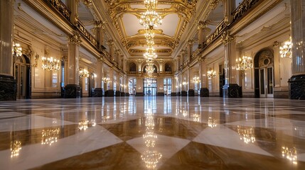 Fototapeta premium Luxurious interior of a grand hall featuring ornate chandeliers and polished marble floors in a historic building : Generative AI