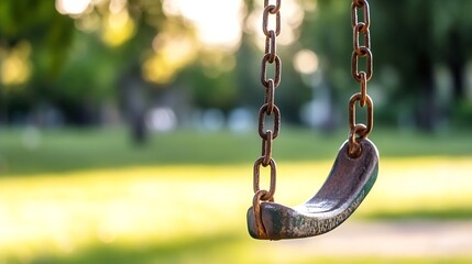 Closeup of an old swing set in a sunlit park surrounded by greenery and vibrant bokeh background : Generative AI