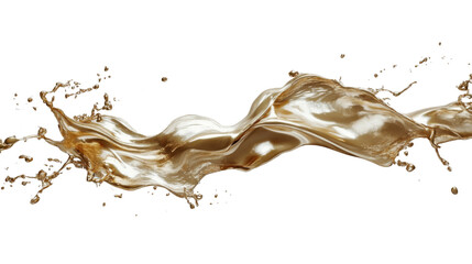Golden liquid splashing and forming a beautiful wave on transparent background