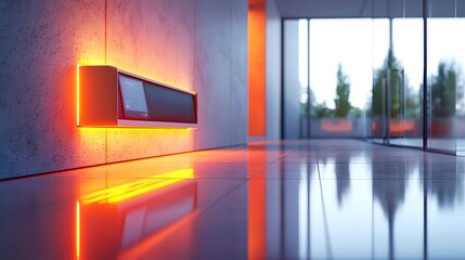 Obraz premium Access Detection Gadgets, Glowing Wall-Mounted Scanner in a Sleek and Minimalist Interior Setting