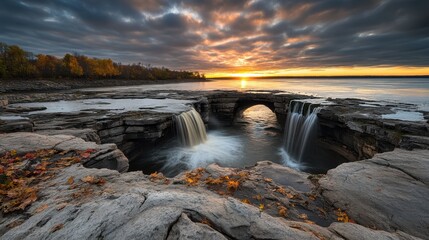 Serene Waterfalls Flowing Through Natural Rock Arch at Sunset with Dramatic Cloudy Sky