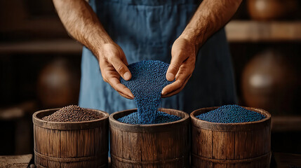 Natural indigo dye extraction process with wooden vats and colorful pigments. artisan skillfully handles blue dye granules, showcasing traditional craftsmanship and vibrant colors