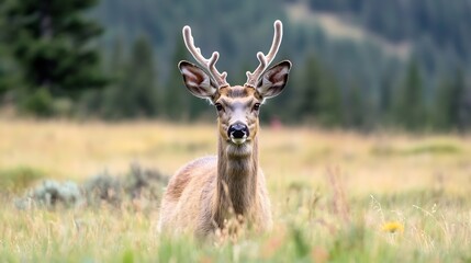 Obraz premium Majestic closeup of a deer standing gracefully in a meadow surrounded by nature : Generative AI