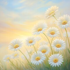 Fototapeta premium Bright Daisy Flowers Under Soft Sunrise Sky in Pastel Colors