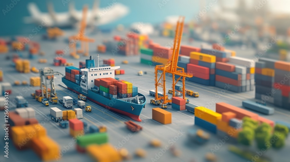 Poster Container ship docked in harbor alongside stacked shipping containers on a clear day