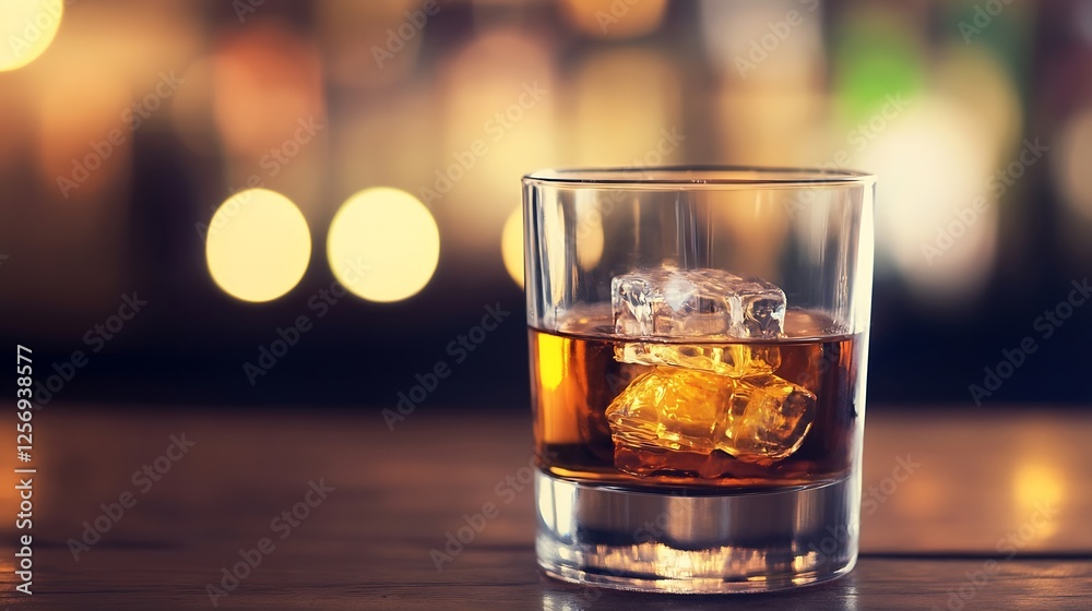 Poster whiskey glass filled with ice cubes on wooden bar counter surrounded by blurred bar lights : generat