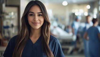 Naklejka premium Confident Healthcare Professional Smiles in Hospital Setting, Providing Excellent Patient Care Daily