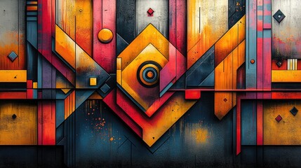 Abstract geometric mural featuring vibrant colors and shapes, creating a dynamic visual experience
