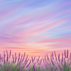 Fototapeta premium Lavender Field with Sunset Sky and Colorful Clouds at Dusk