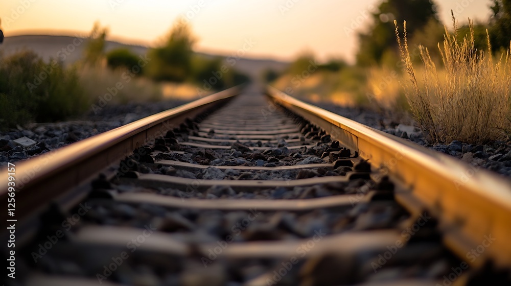 Poster a closeup perspective of train tracks converging on the horizon surrounded by golden grass under the
