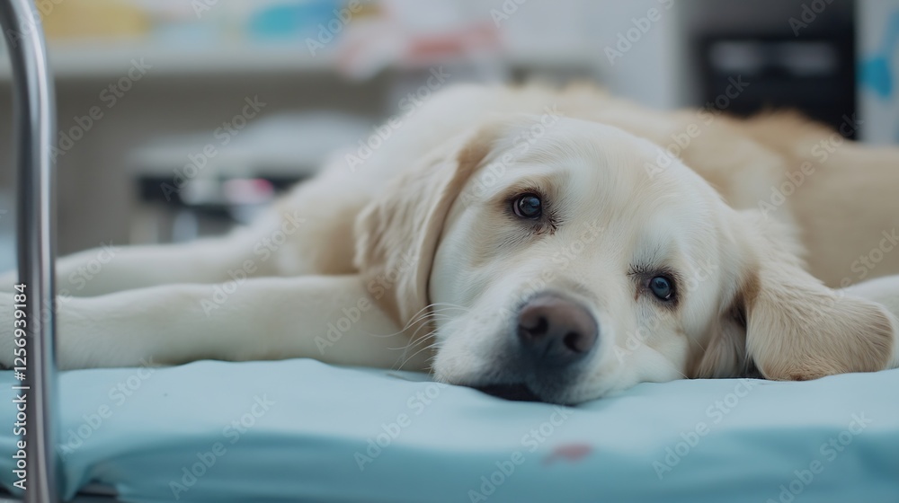 Poster loyal golden retriever resting on a bed looking up with soulful eyes : generative ai