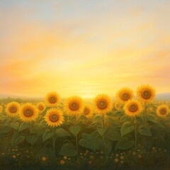 Obraz premium Radiant Sunflower Field at Sunrise with Soft Warm Horizons