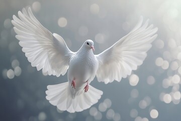 Obraz premium White Dove in Flight: Grace, Peace, and Symbolism of Hope Soaring Through Air