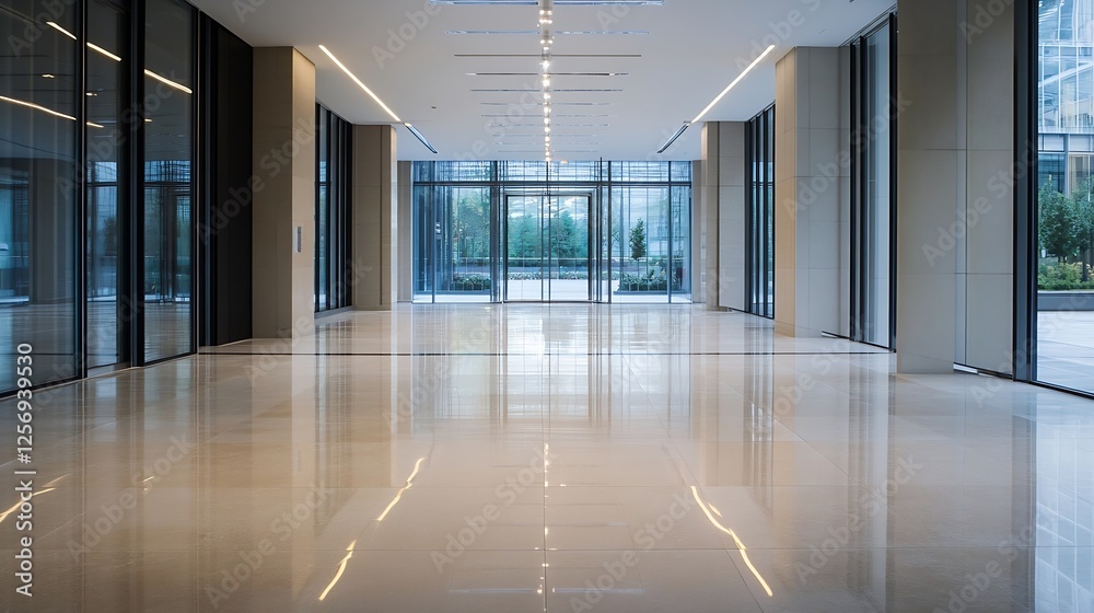 Aufkleber Spacious modern lobby with sleek design and polished marble floors and large glass windows : Generative AI