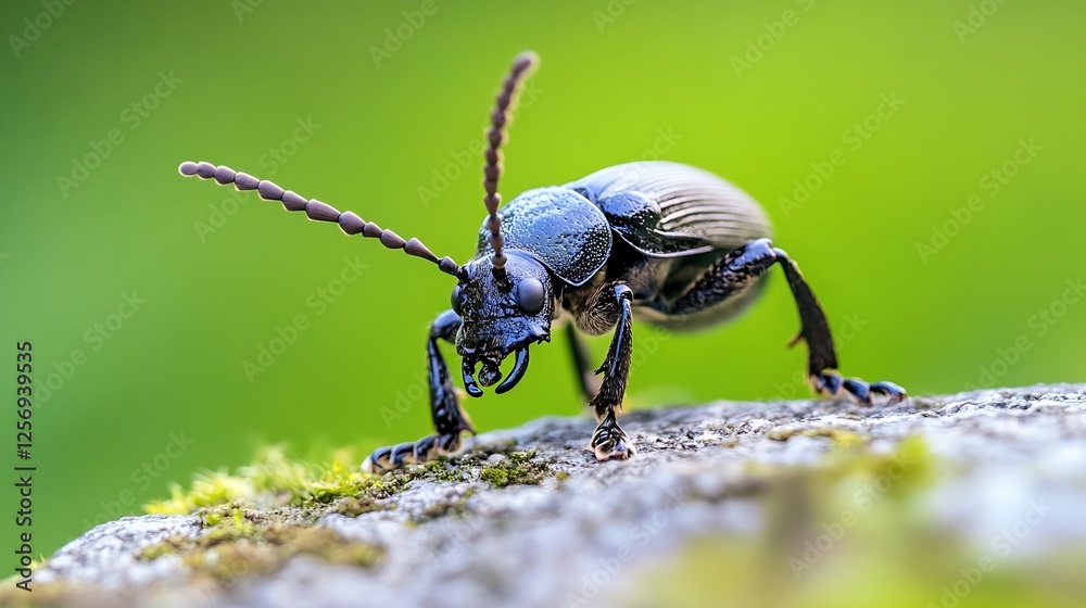 Aufkleber closeup of a vibrant black beetle showcasing intricate details and textures : generative ai