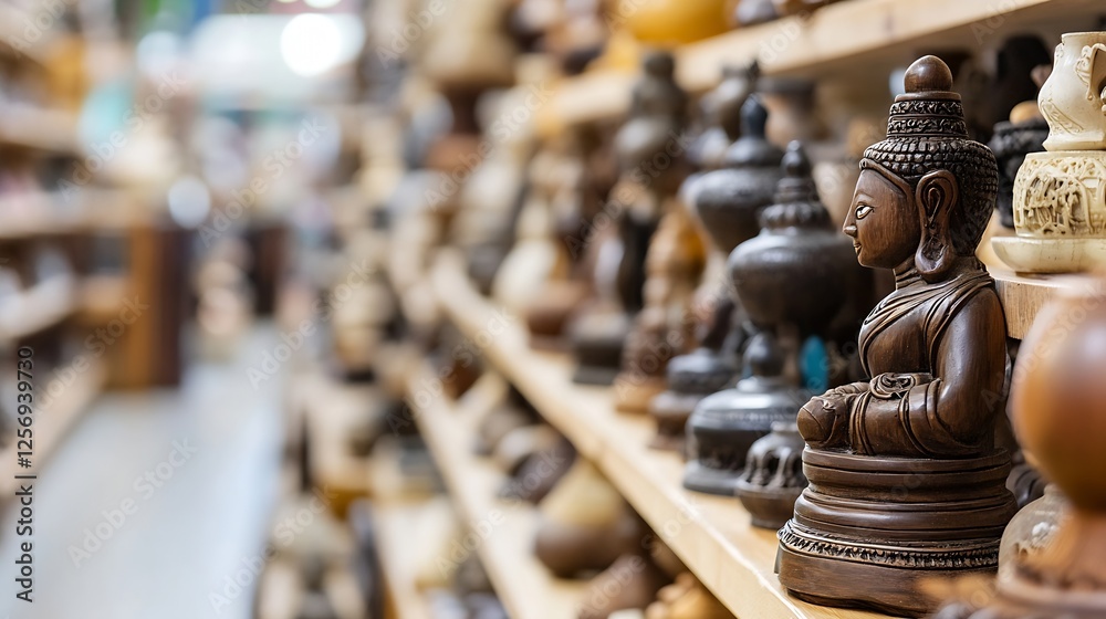 Poster a stunning display of intricately carved wooden statues showcasing diverse buddha designs in a charm