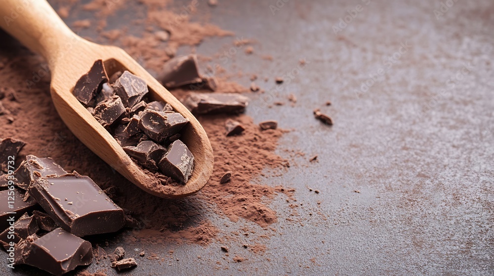 Aufkleber Rich dark chocolate pieces scattered on a rustic surface with a wooden scoop creating a tempting scene : Generative AI