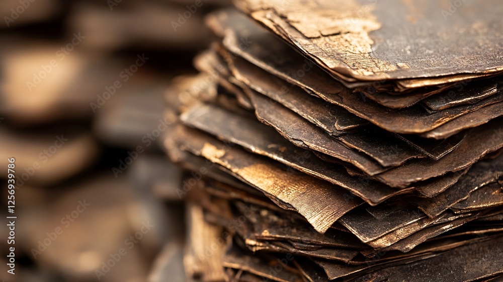 Poster Closeup view of aged and weathered ancient manuscripts stacked haphazardly revealing unique textures and surfaces : Generative AI