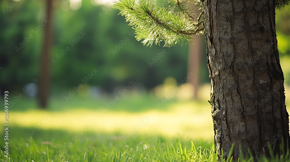 Poster An enchanting close view of a pine tree trunk surrounded by lush greenery in a sunlit forest setting : Generative AI