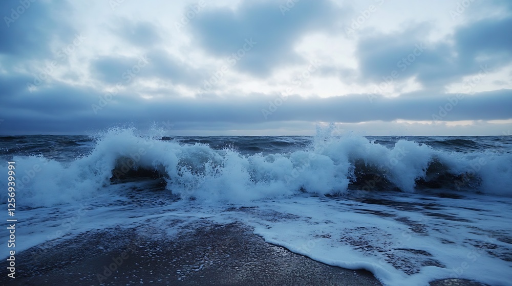 Poster A Dramatic Scene of Waves Crashing on the Shoreline Under a Moody Sky with Thick Clouds : Generative AI