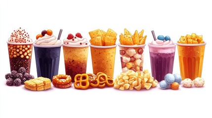 Colorful assortment of desserts and snacks in cups with various toppings and textures