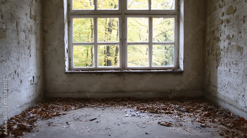 Leinwandbilder rustic abandoned room with a window framed by lush autumn leaves and a touch of nature : generative 
