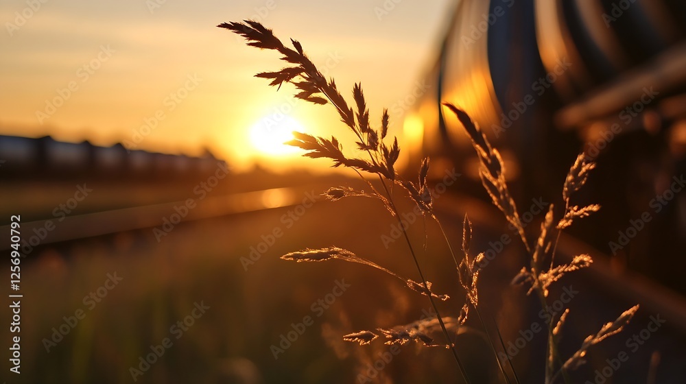 Poster golden sunset over a grassy field with railway background and glowing sun : generative ai