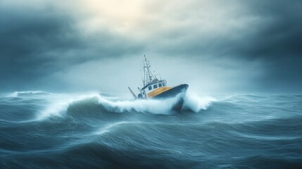 Fototapeta premium Stormy Seas with Rescue Boat Battling Rough Waves and Dark Clouds