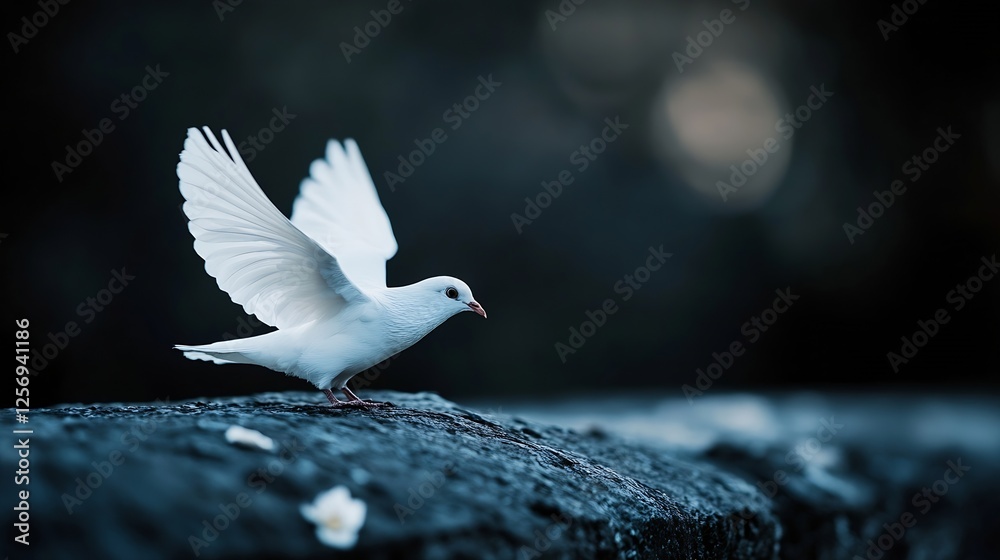Poster graceful white dove gliding on rock surface against a dark background in nature : generative ai