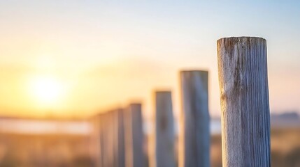 Fototapeta premium Sunset view over wooden posts creating a tranquil and calming atmosphere outdoors : Generative AI