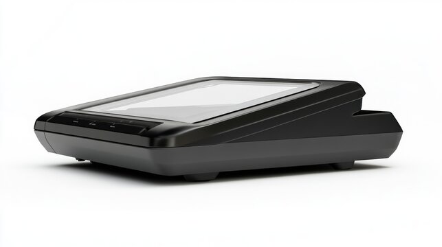 Modern POS terminal on white background.  Possible use for marketing or product catalog
