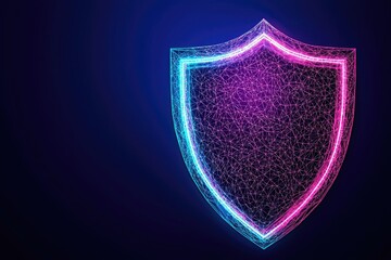 A glowing, abstract shield symbol featuring pink and blue lights against a dark background, representing security and protection.