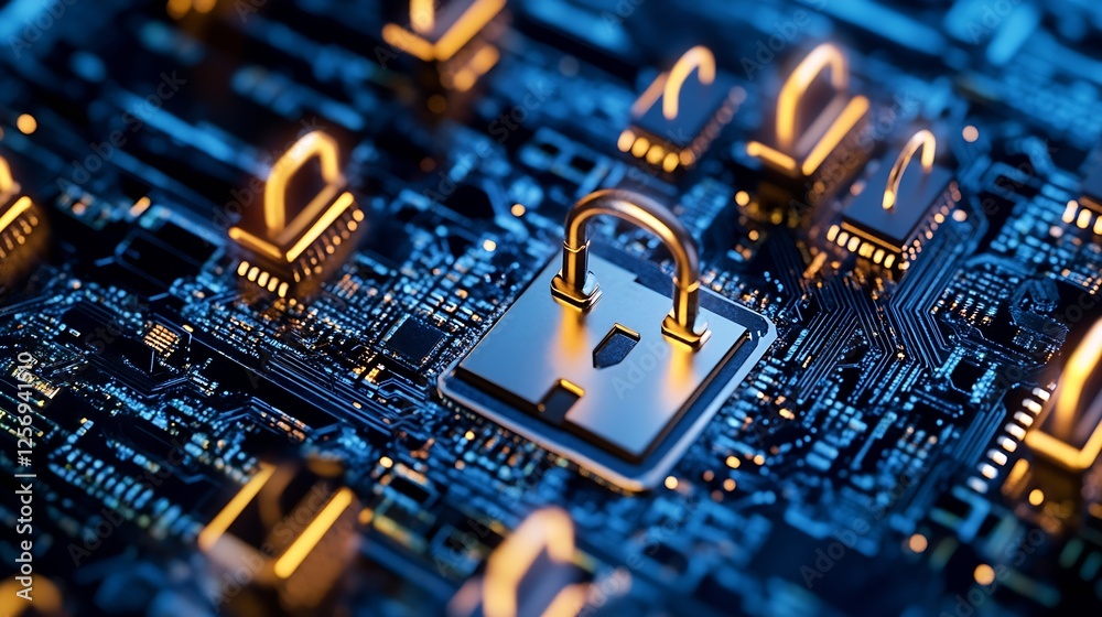 Poster Close Up of Golden Padlock on Circuit Board Representing Cyber Security and Digital Protection : Generative AI
