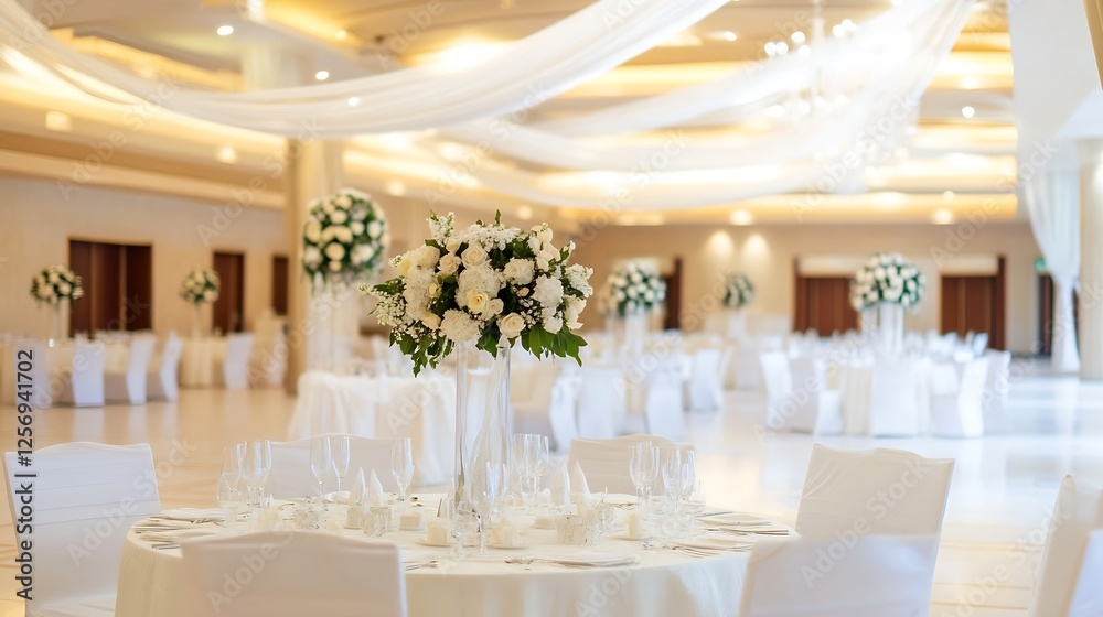 Poster stylish event hall set up for a formal gathering with elegant floral centerpieces and white decor : 