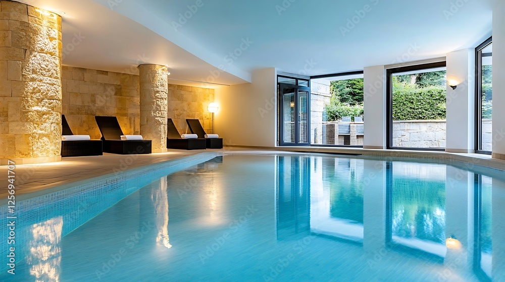 Poster luxurious indoor swimming pool area with modern design and elegant stone columns for relaxation : ge